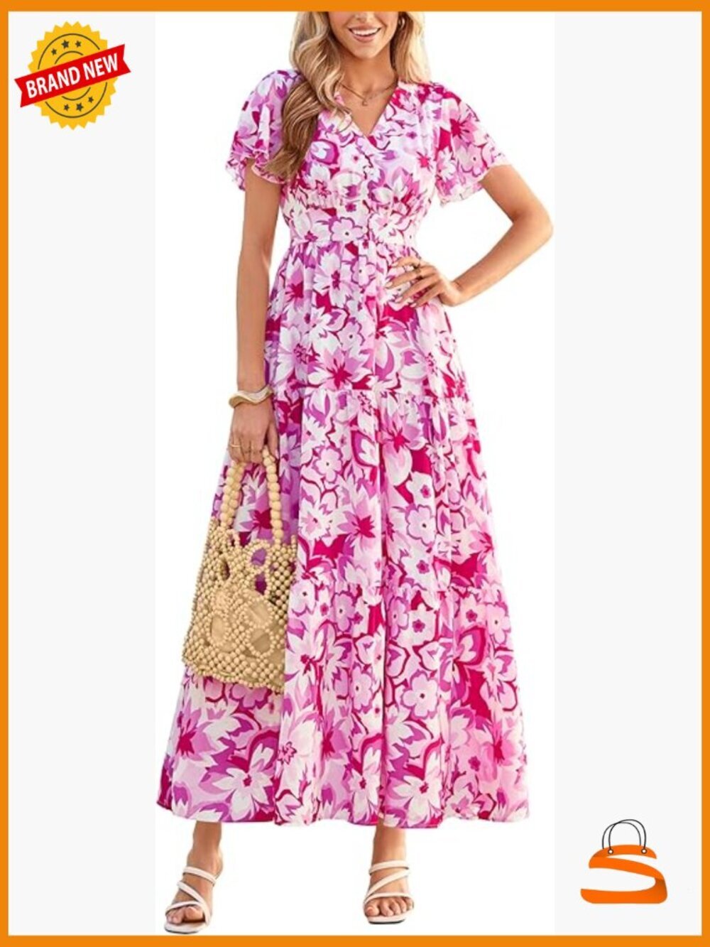 Women Maxi Dress Boho Floral Short Sleeve V Neck Tiered Button Down Sundress